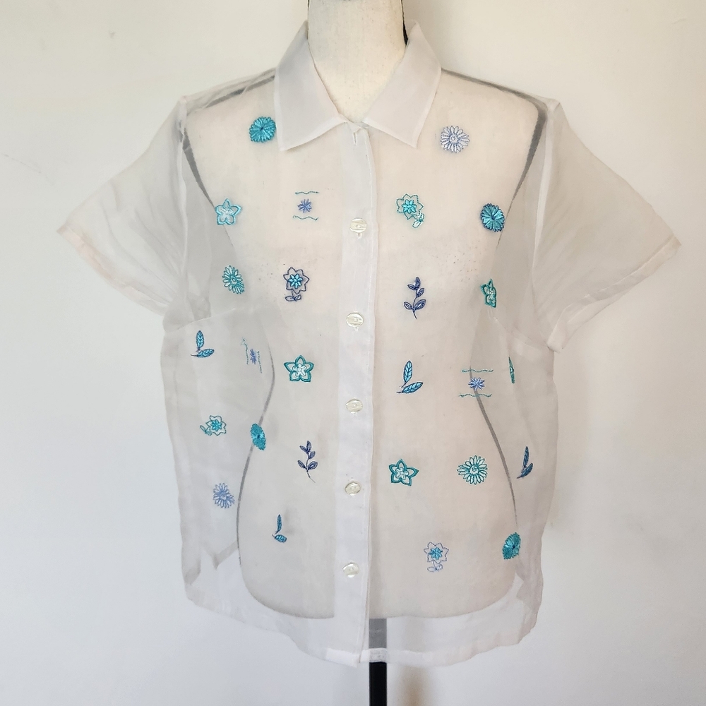 Sheer Organza White w/ Blue Floral Embroidery Large